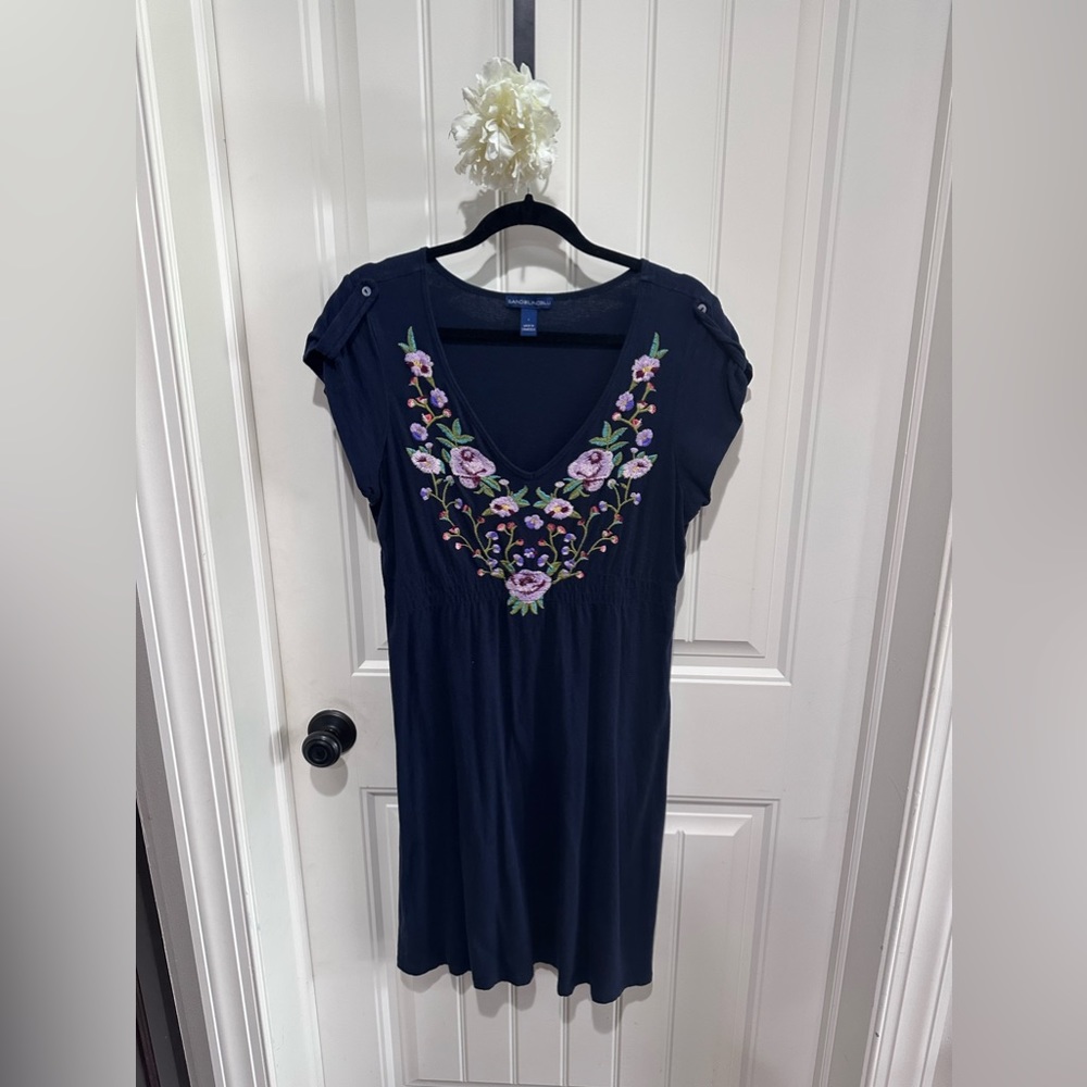 Navy blue with floral embroidery summer casual dress